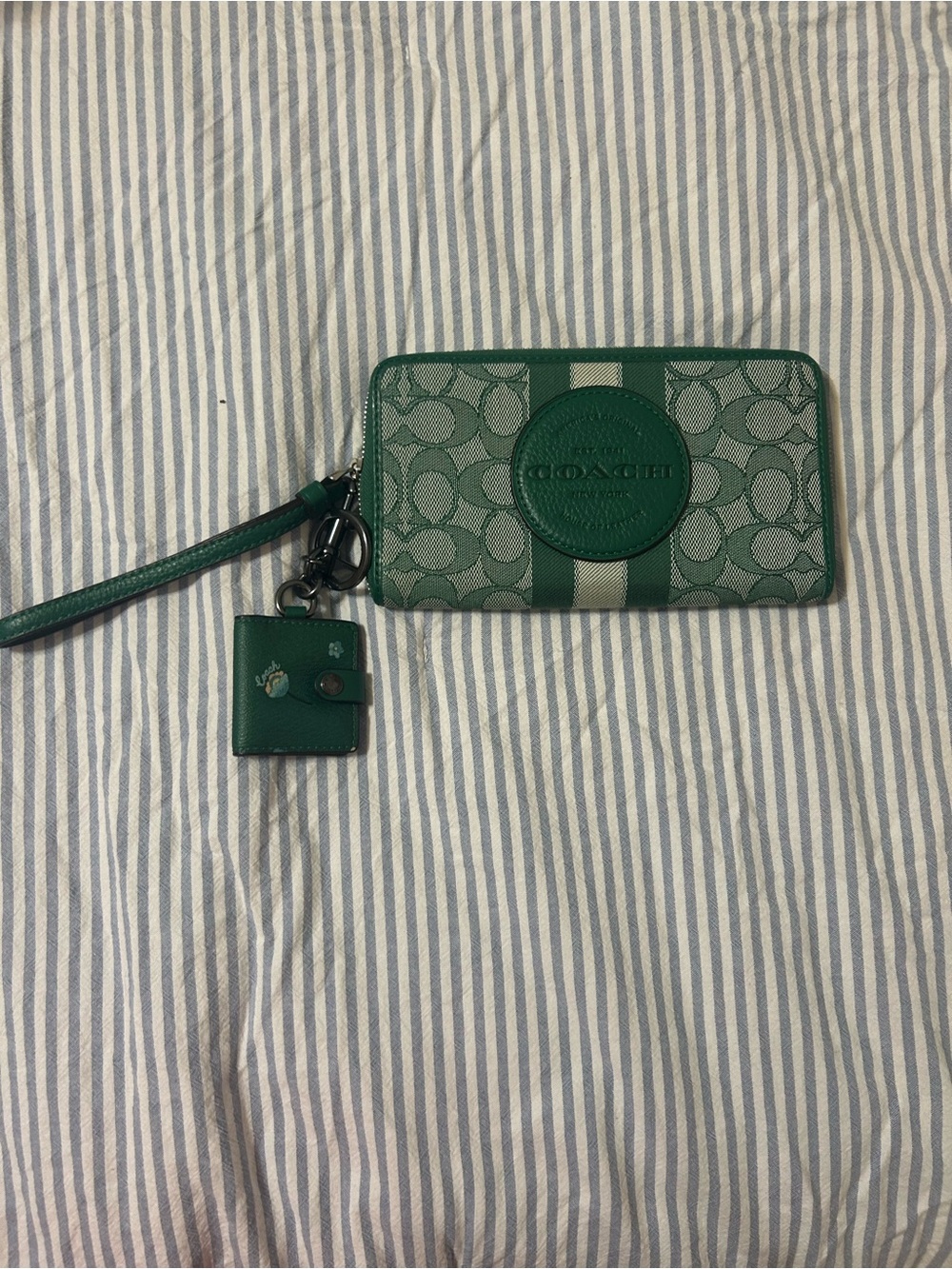 Coach Green Signature Wristlet with Striped Detail